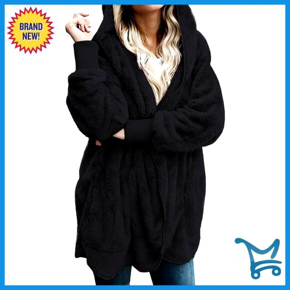 Jackets & Blazers - Oversized Fleece Hooded Cardigan Jacket with Pockets Winter Cozy